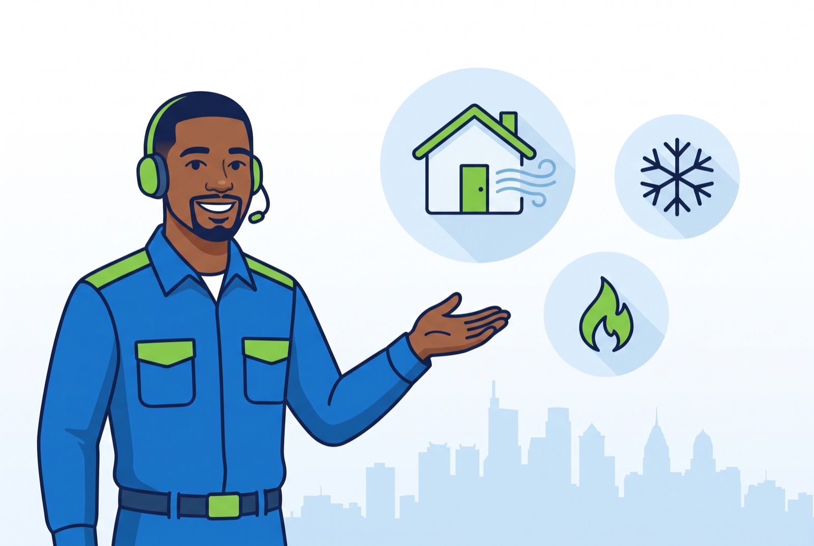 Quality Air concierge welcoming you, with heating and cooling comfort icons over the Philadelphia skyline